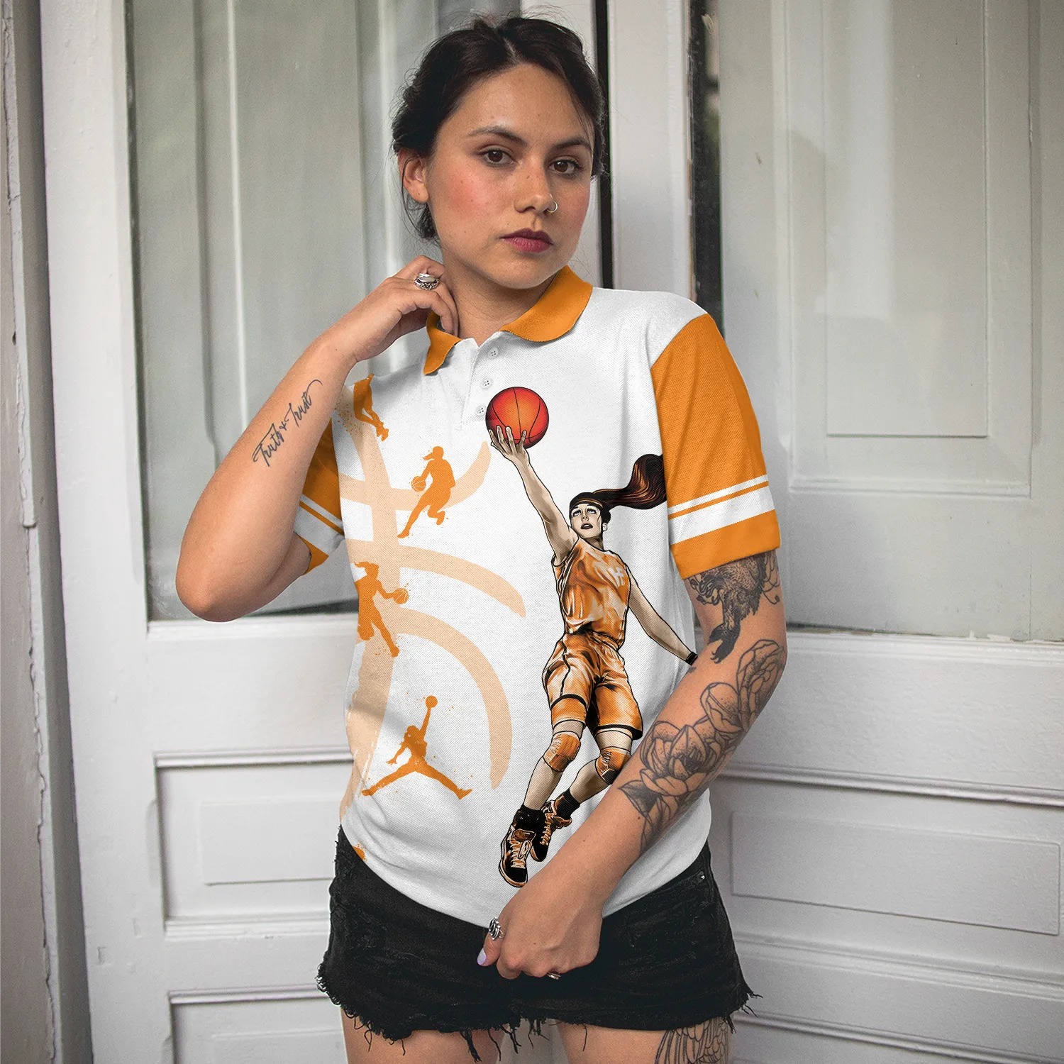 Anything Worth Doing Is Worth Doing With Passion Basketball Short Sleeve Women Polo Shirt, White And Orange Basketball Shirt For Ladies