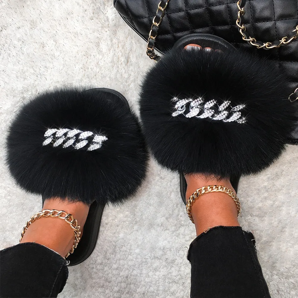 Fox Fur Diamond Chain Slides