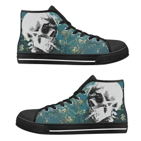 Skull With Burning Cigarette on Cherry Blossom - Van Gogh High Top Canvas Sneakers